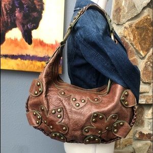 Brown Isabella Fiore Floral and metal studs Genuine Leather Hobo/Shoulder Bag